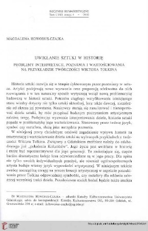 58: Uwikłanie sztuki w historię : problemy interpretacji, poznania i wartościowania na przykładzie twórczości Wiktora Tołkina