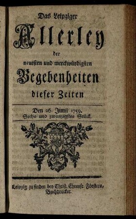 Den 26. Junii 1759. Sechs und zwanzigstes Stück.