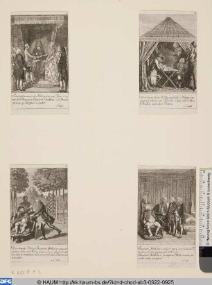 Unten links: Der kranke König Friedrich Wilhelm I umarmt seinen Sohn
