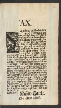 Wißbadische Cur-Tax. : Sig. Wißbaden, den 3. May, 1748.