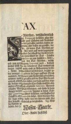 Wißbadische Cur-Tax. : Sig. Wißbaden, den 3. May, 1748.