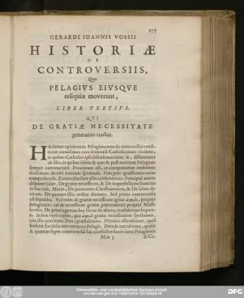 Pars Prima; quae eorum de necessitate gratiae sententiam exponit, qui ante Pelagium vixerunt.
