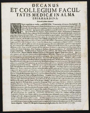Decanus Et Collegium Facultatis Medicae In Alma Eberhardina. Benevolè Lecturis Salutem!