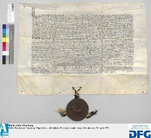 Herzog Rudolf von Sachsen als ein Kurfürst des Heiligen Römischen Reichs gibt seine Zustimmung zu den Gnadenbriefen Kaiser Karls für die Stadt Nürnberg vom 5. April 1355 (SS/C Nr. 25), 25. Oktober 1358 (SS/C Nr. 29) und 27. Oktober 1358 (SS/C Nr. 34), die Verhältnisse des Reichswaldes bei Nürnberg betreffend. - Siegler: der Aussteller.