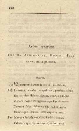 Actus quartus. Helena, Andromacha, Hecuba, Polyxena, muta persona = Vierter Akt. Helena, Andromacha, Hekuba, Polyxena ( eine stumme Person)