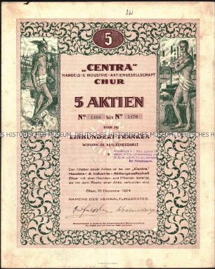 Sammelaktie der "Centra" Handels- & Industrie-Aktiengesellschaft über 5 Aktien zu je 100 Schweizer Franken, mit Kupons