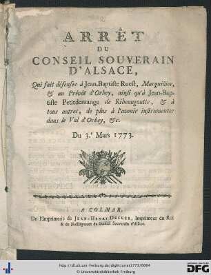 Arrêt Du Conseil Souverain D'Alsace.
