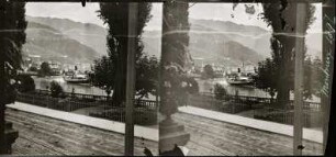 Clarens, Blick vom Hôtel Roy auf den Hotelgarten und auf Montreux