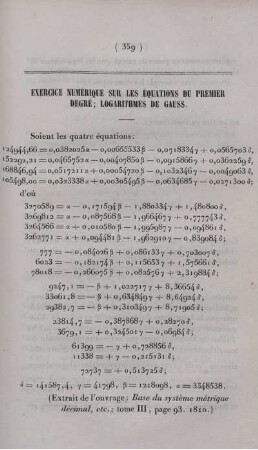 Exercice numérique sur les équations du premier degré; logarithmes de gauss.