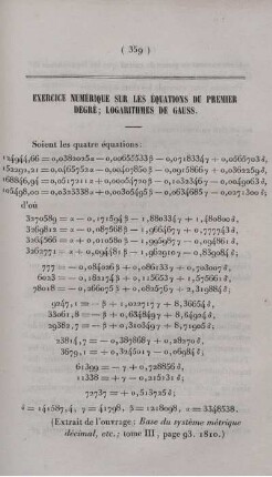 Exercice numérique sur les équations du premier degré; logarithmes de gauss.