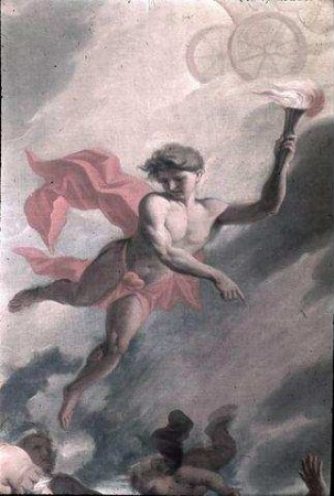 Antikische Szene mit Schlachtfeld und Apoll auf dem Sonnenwagen (Allegorie des Krieges?)