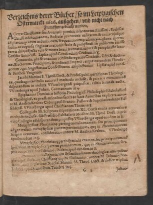 Verzeichnis derer Bücher/ so im Leipzigischen Ostermarckt 1626. außgehen/ ...