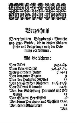 Verzeichniß Dererjenigen Glaubens-Puncte und Lehr-Stücke, die in diesem schönen Liede und Lobgesange nach der Ordnung vorkommen.