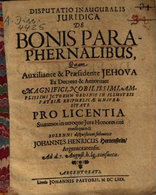 Disputatio Inauguralis Iuridica De Bonis Paraphernalibus