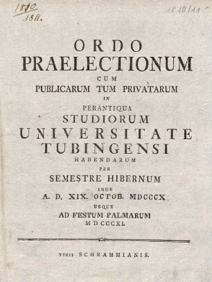 Vorlesungsverzeichnis 1810/11
