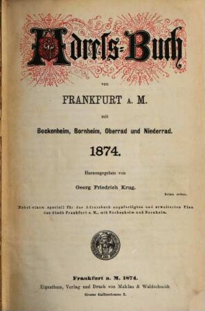 Adressbuch von Frankfurt am Main mit Bockenheim, Bornheim, Oberrad und Niederrad, 1874