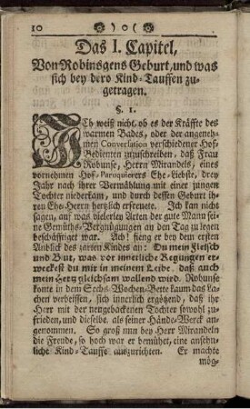 Das I. Capitel, Von Robinsgens Geburt, und was sich bey dero Kind-Tauffen zugetragen.