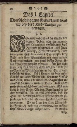 Das I. Capitel, Von Robinsgens Geburt, und was sich bey dero Kind-Tauffen zugetragen.