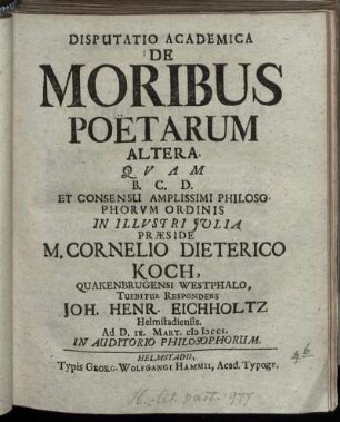 Altera: Disputatio Academica De Moribus Poëtarum .... Altera