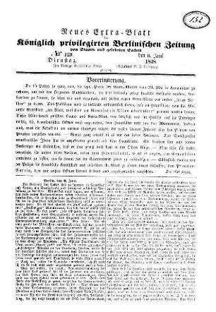 Neues Extra=Blatt der Königlich privilegirten Berlinischen Zeitung von Staats- und gelehrten Sachen. N[umer]o 129.