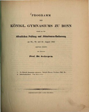 Programm des Königlichen Gymnasiums zu Bonn : Schuljahr .... 1862/63