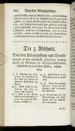 Der 3. Abschnitt. Von den Kriegsgesetzen und Verordnungen in den churfürstl. sächsischen Landen, welche die Gränzen der Kriegsgerichtbarkeit, besonders in peinlichen Fällen, bestimmen.