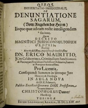 Dissertatio Inauguralis, De Denuntiatione Sagarum : Iisque quae ad eam recte intelligendam faciunt