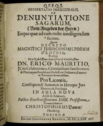 Dissertatio Inauguralis, De Denuntiatione Sagarum : Iisque quae ad eam recte intelligendam faciunt