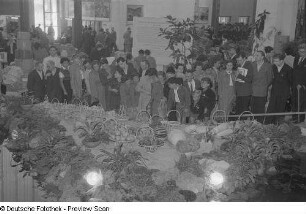 Besucher an einem Stand mit Lebensmitteln in der chinesischen Halle (Halle E), Herbstmesse 1953
