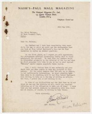 Brief von Oliver Robinson, Nash’s - Pall Mall Magazine, London an Erich Salomon