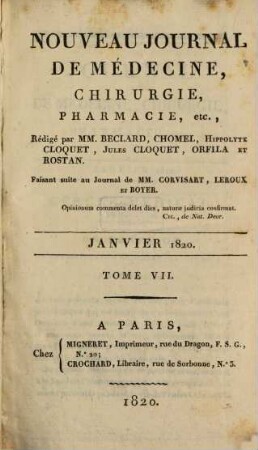Nouveau journal de médecine, chirurgie, pharmacie. 7, 7. 1820