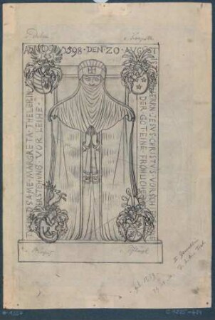 Darstellung des Gedenksteins der Margreta Theler (1559-1598) mit Wappen der von Doeben, von Kospoth, von Staupitz in der Denkmalhalle auf dem Friedhof in Döhlen (Freital)