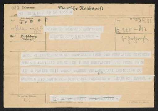 Brief von Heinrich George an Gerhart Hauptmann