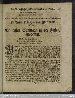 Am ersten Sonntage in der Fasten, Invocavit : Die Vermessenheit, als eine Unerkannte Sünde