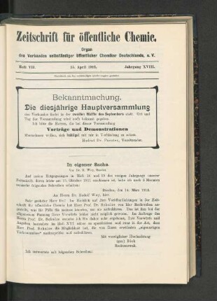 Heft VII. 15. April 1912. Jahrgang XVIII.