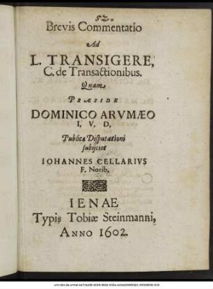 Brevis Commentatio Ad L. Transigere, C. de Transactionibus