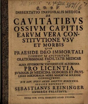 Diss. inaug. med. de cavitatibus ossium capitis, earum vera constitutione usu et morbis