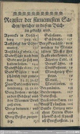Register der fürnembsten Sachen, welcher in diesem Büchlin gedacht wird
