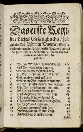 Das erste Register dieses Gesangbuchs/ zeiget an die Psalmen Davids [...]