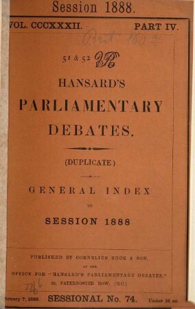 Hansard's parliamentary debates. General index to session. 1888