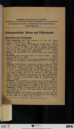 Kulturgeschichte. Reisen und Völkerkunde (Nr. 1-802)