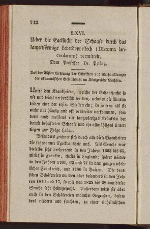 LXVI. Ueber die Egelsucht der Schaafe durch das lanzettförmige Lederdoppelloch (Distoma lanceolarum) vermittelt