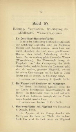 Saal 10. Heizung. Ventilation. Beseitigung der Abfallstoffe. Wasserversorgung