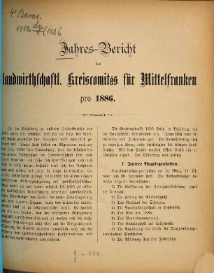 Jahresbericht des Landw. Kreisausschusses von Mittelfranken : für das Jahr .... 1886