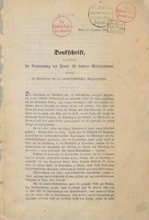 Denkschrift, betreffend die Verwendung des Fonds für Landes-Meliorationen : Berlin im November 1867