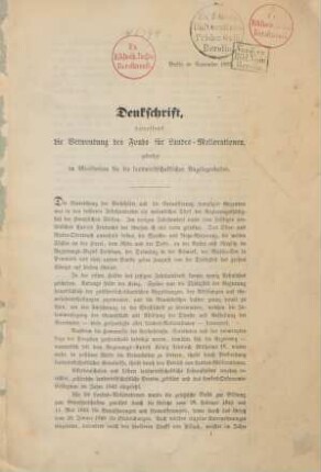 Denkschrift, betreffend die Verwendung des Fonds für Landes-Meliorationen : Berlin im November 1867