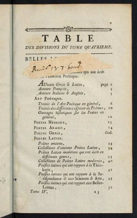 v-x, Table des Divisions du Tome Quatrieme