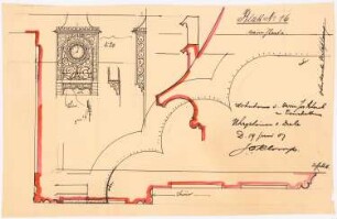 Wohnhaus J. Schaub, Emsdetten: Uhrgehäuse der Diele, Ansicht, Schnitt 1:20, Details