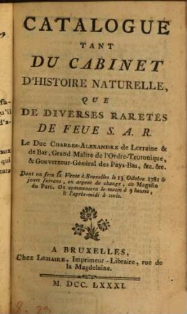 Catalogue tant du Cabinet d'histoire naturelle, que de divers rarétés de feu ... Ch. Alexandre de Lorraine