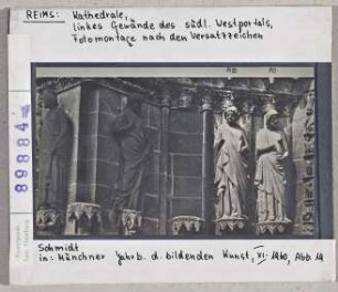 Reims: Kathedrale, südl. Westportal, linkes Gewände, Fotomontage nach den Versatzzeichen